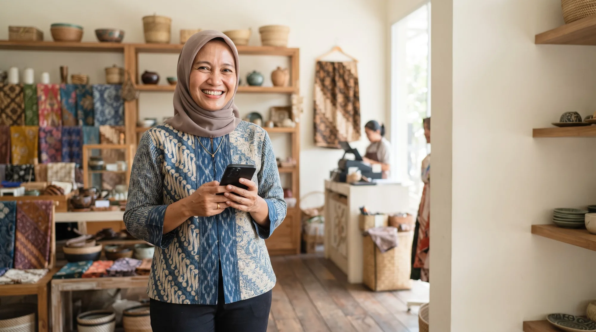 Pemilik usaha tersenyum